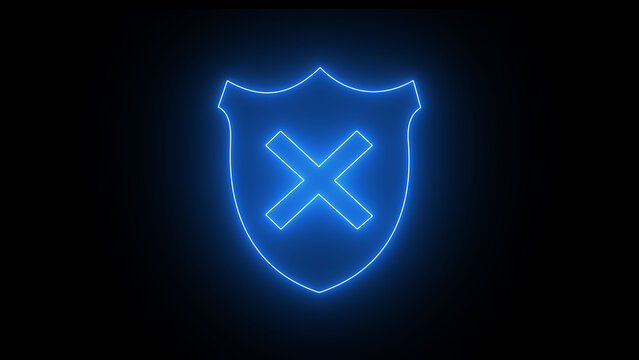 Abstract neon glowing Security Alert with crossed icon on a black background. 