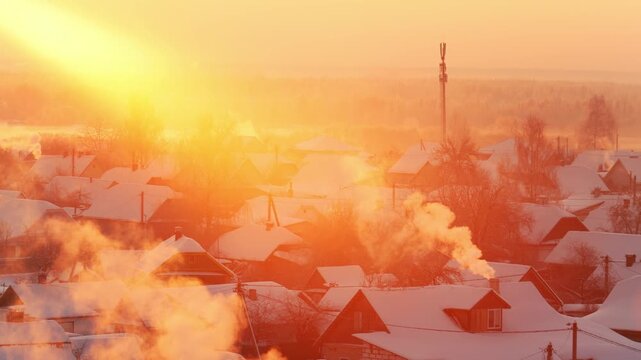 Aerial view winter village landscape frosty morning golden sunlight rising smoke chimney tops snow covered rooftops communication tower background cold weather scene peaceful rural settlement