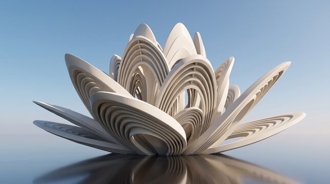 Abstract floral sculpture with layered white architectural petals on reflective surface