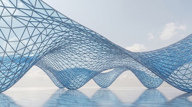Blue crystalline structural wave network against a bright sky with crystalline structure