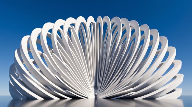 Abstract white fan shaped architectural structure on reflective ground with fan sculpture