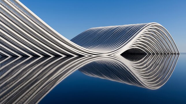Futuristic white architectural structure with wavy curved lines and smooth water reflection