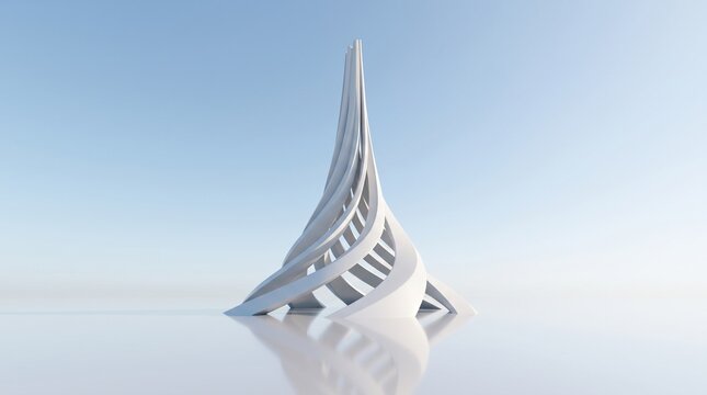 Abstract white spiral tower structure reaching toward a clear blue sky with abstract sculptu