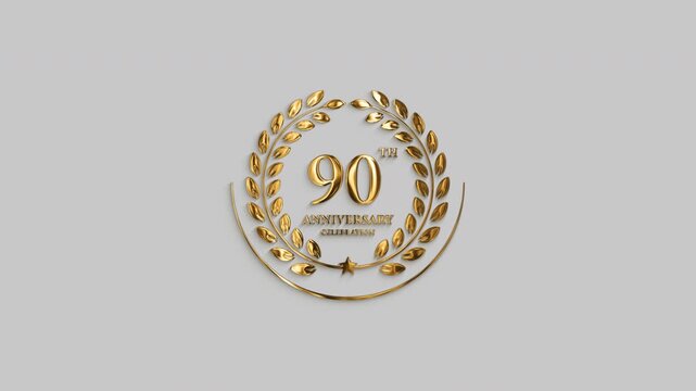 Premium golden 90th anniversary emblem animation featuring glowing metallic numbers, laurel wreath, and star ornament for celebrations, commemorations, weddings, and events. 4k motion graphic with alp