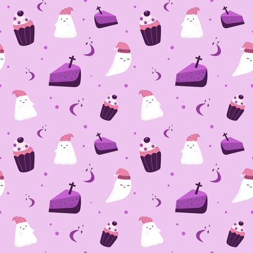 Cute ghost and sweet halloween seamless pattern