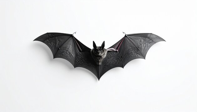 Small dark bat with outstretched wings isolated on white background, front view nocturnal flying mammal and Halloween creature