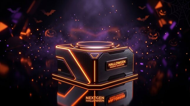 Futuristic Sci-Fi Podium for Halloween Product Showcase with Neon Orange Lights and Spooky Background