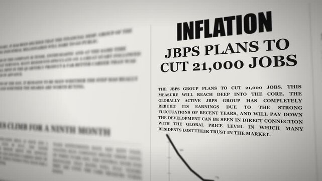 Newspaper page with an inflation headline about job cuts, in shallow focus with a downward chart