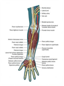 Illustration displays the structure of peripheral nerves in the arm, including nerve plexus and spinal nerve details relevant to neurology.