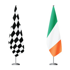 Obraz premium Checkered and Ireland flags on flagpoles for official ceremonies and meetings, transparent background vector