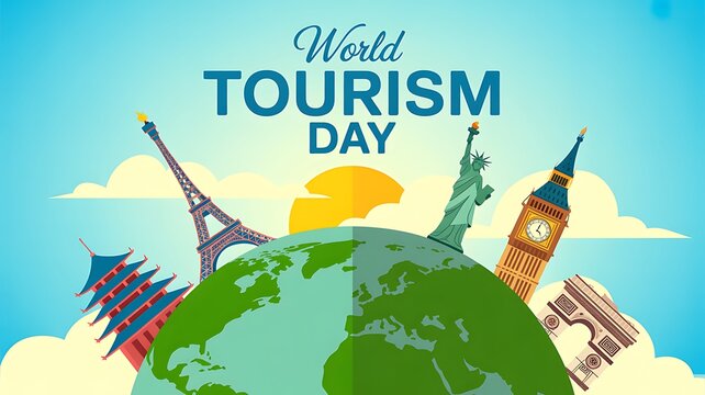 World tourism day banner with famous landmarks and globe