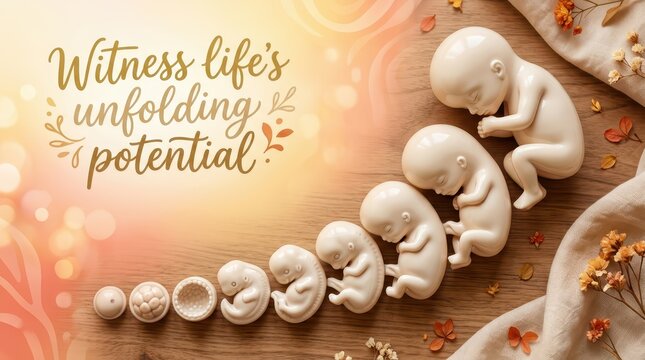 Stages of human fetal development from early embryo to fetus, symbolizing life's unfolding potential and growth