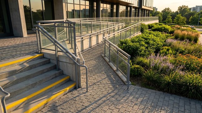 Accessible modern building entrance with concrete ramp, stairs, and glass railings
