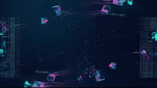 Digital Abstract Fragmentation with Neon Glows and Glitch Effects in Motion