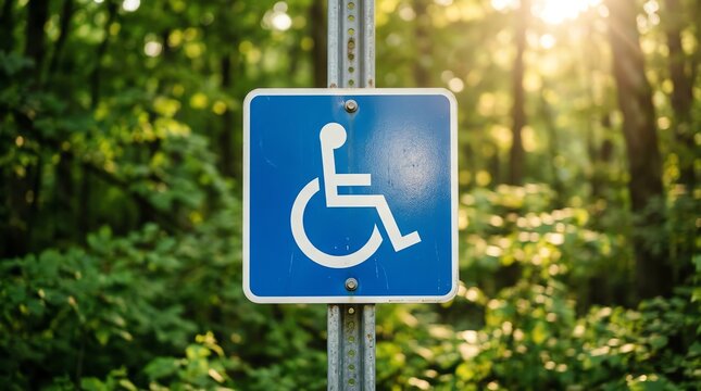 Blue handicap accessibility sign on a metal pole in a sunlit forest