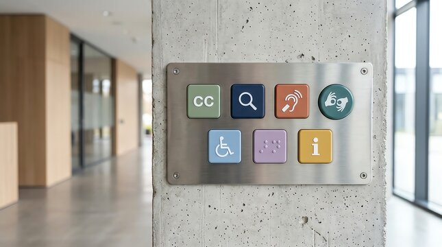 Modern accessibility signage panel with icons for CC, search, hearing, sign language, and information