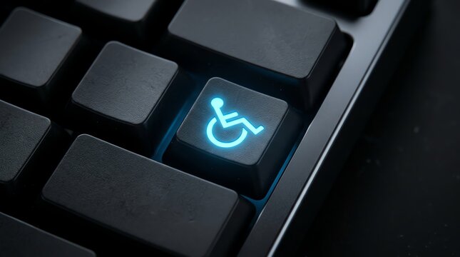 Close-up of a glowing blue accessibility icon on a black computer keyboard, symbolizing digital inclusion