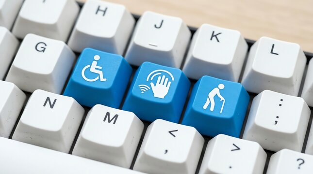 Computer keyboard with accessibility icons for disabled, elderly, and assistance services