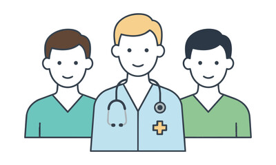 Fototapeta premium Stylized healthcare team of three professionals and a stethoscope in a clean monoline style isolated on white. Medical teamwork concept