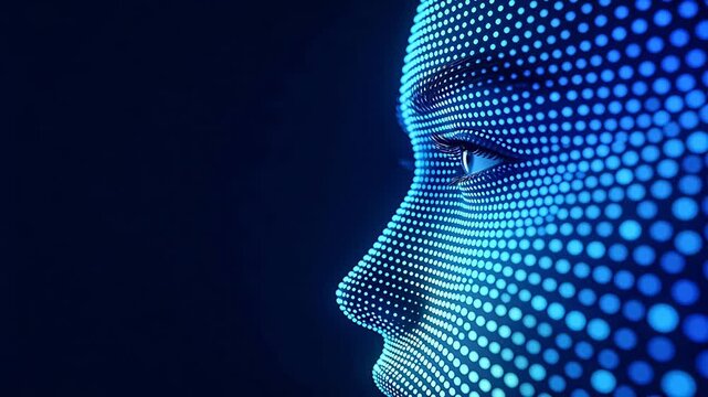 Human face profile outline constructed from blue glowing dots on dark background