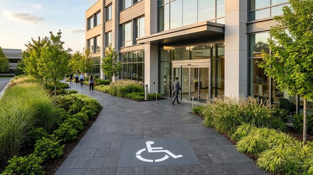 Accessible modern office building entrance with paved walkway and lush landscaping