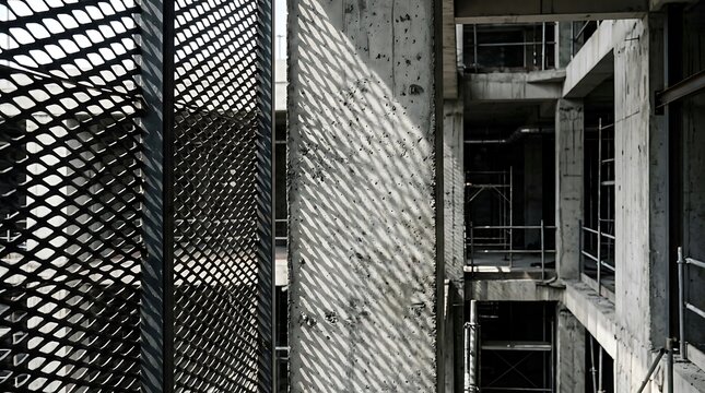 Concrete Building Under Construction with Metal Grating and Sunlight Shadows structure architecture