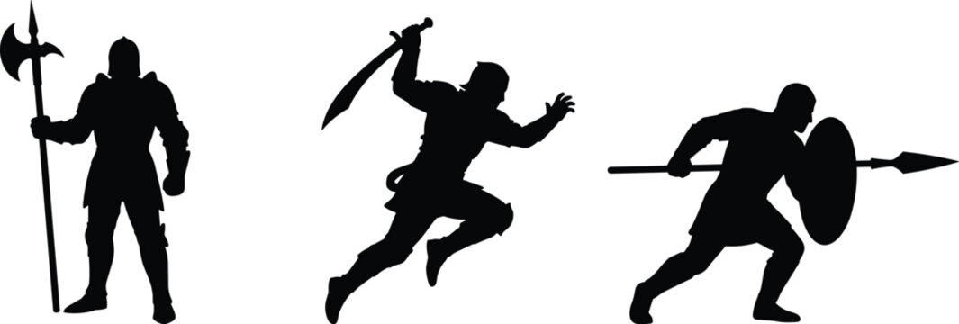 Set of medieval soldier silhouettes including guard with halberd jumping swordsman and spartan warrior with spear vector illustration design
