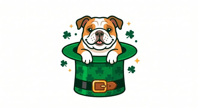 Cute English Bulldog popping out of a green leprechaun hat with shamrocks, St. Patrick's Day cartoon vector illustration isolated on white.