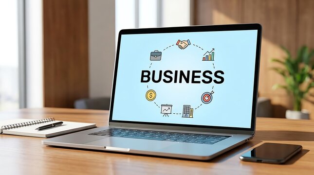 Laptop displaying BUSINES concept with icons and central text on a wooden desk BUSINESS computer