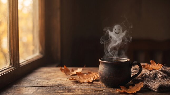 Ghost Shaped Steam Rising From Hot Coffee in Cozy Autumn Halloween Scene