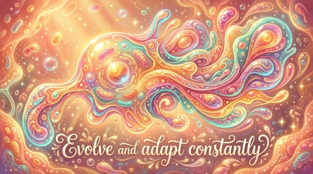 Vibrant abstract depiction of microscopic organisms and cellular structures, symbolizing evolution and adaptation in a colorful, glowing environment.