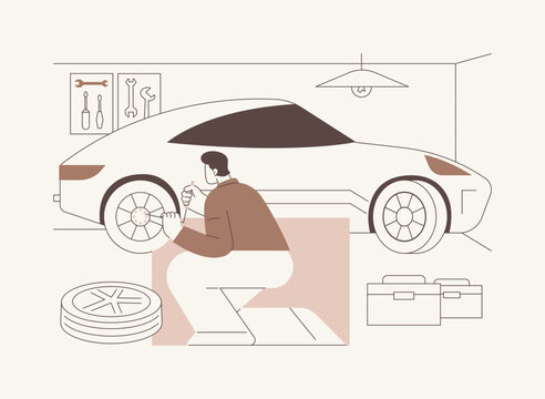 Fixing retro car isolated cartoon vector illustrations.