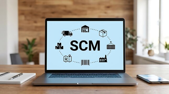 Laptop displaying SCM concept with logistics and supply chain icons in a circle supply chain management