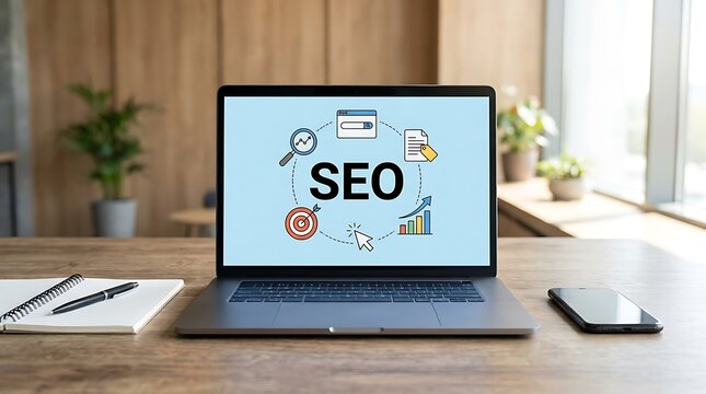 Laptop displaying SEO concept with search engine optimization icons in a circle digital marketing online marketing