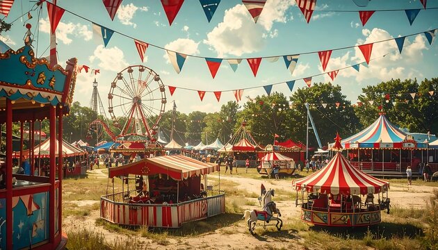 Vintage style traveling carnival fairground scene with ferris wheel and carousel.