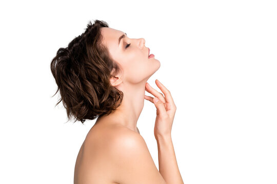 Closeup profile photo of attractive beautiful naked lady bob short hairstyle sensual aesthetic beauty touch hand arm silky neck skin eyes closed isolated grey color background
