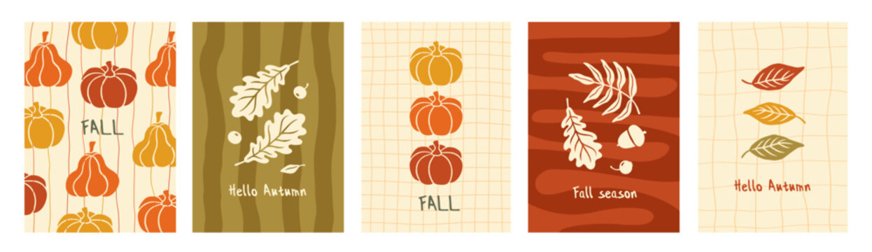 Set of trendy autumn posters with colorful silhouette fall leaves and bright pumpkins. Thanksgiving day. Fall background, cover, flyer holiday design. Vector template for ads, web, social media.