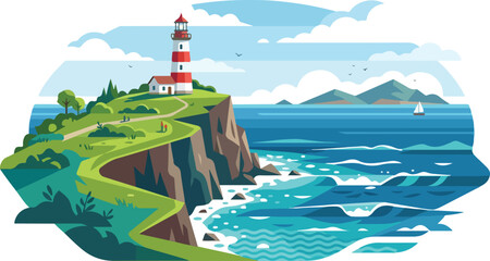 Obraz premium Red and white lighthouse standing on a grassy cliff overlooking the ocean blue waves