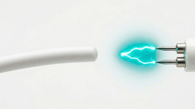 Electric Spark Arcing Between White Cable and Connector Pins on Bright Background