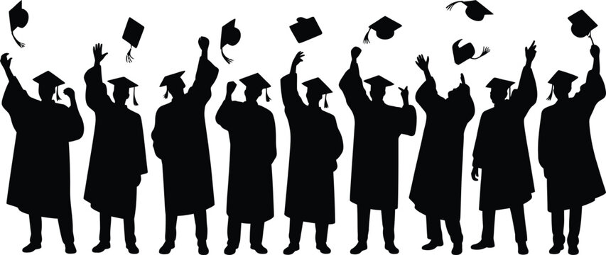 Silhouettes of graduates in caps and gowns throwing their hats in the air in celebration against a white background