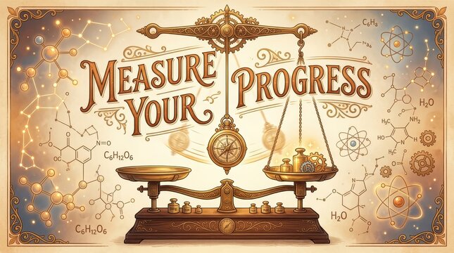 Steampunk balance scale with "Measure Your Progress" text and scientific molecular diagrams, symbolizing growth and achievement