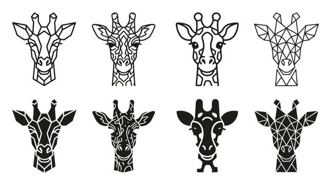 Geometric polygon giraffe head vector icons collection in black and white style with wildlife herbivore portrait