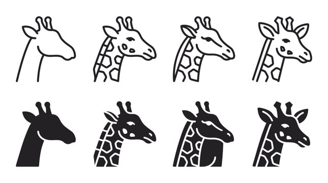 Collection of giraffe head profile vector icons showing various pattern details with wildlife collection silhouette