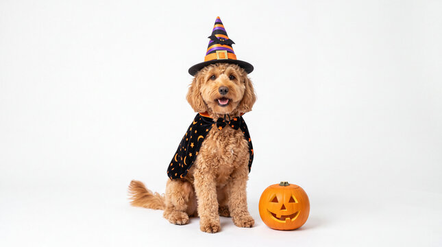 Dog wearing witch hat and cape, sitting with pumpkin, white studio background, pet Halloween costume concept
