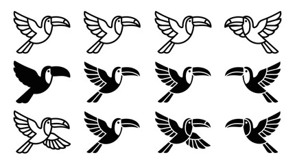 Fototapeta premium Flying toucan bird vector icon set in outline and silhouette designs with silhouette graphics collection tropical