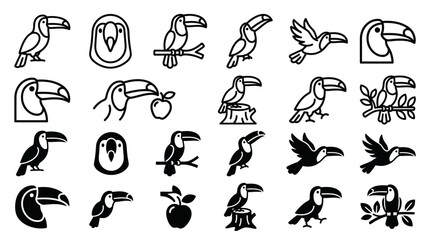 Fototapeta premium Comprehensive toucan bird vector icon collection in outline and silhouette with collection silhouette graphics