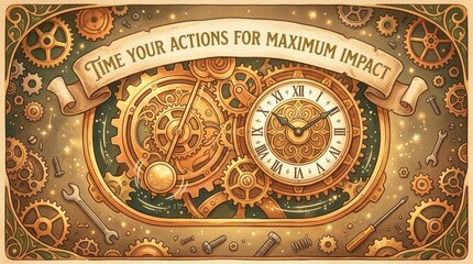 Obraz premium Steampunk clockwork gears and roman numeral clock face with inspirational banner saying 'Time Your Actions For Maximum Impact'