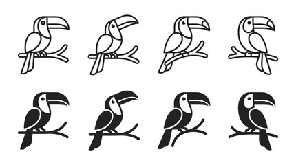 Obraz premium Toucan bird vector icons set featuring outline and silhouette styles perched on branches silhouette wildlife tropical