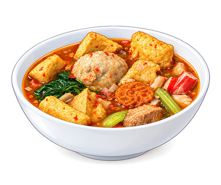 Cute cartoon illustration of spicy Indonesian seblak soup in white bowl isolated on white background