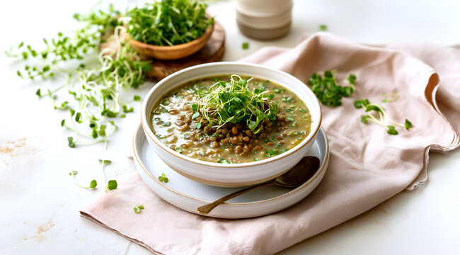 Creative food template. Green bean lentil soup with microgreens vegetable, on ceramic spoon plating on linen pink cloth and warm background. copy text space